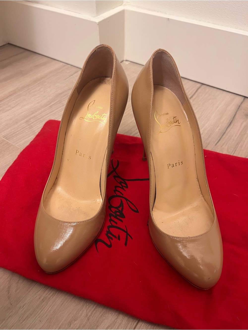 Christian Louboutin Beige Patent Leather Soft Rounded-Toe Pumps